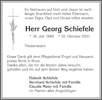 Traueranzeige von Georg Schiefele von Memminger Zeitung