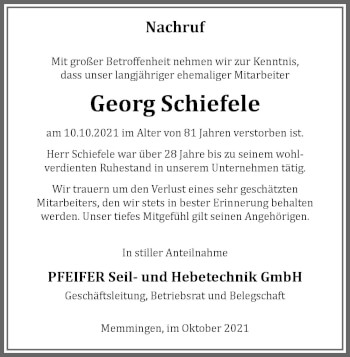 Traueranzeige von Georg Schiefele von Memminger Zeitung