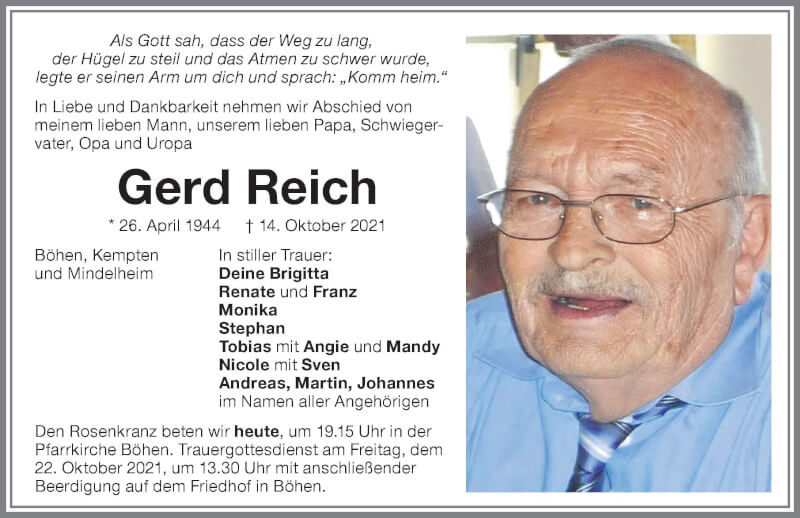  Traueranzeige für Gerd Reich vom 21.10.2021 aus Memminger Zeitung