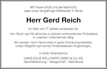 Traueranzeige von Gerd Reich von Memminger Zeitung