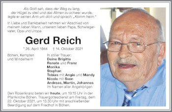 Traueranzeige von Gerd Reich von Memminger Zeitung