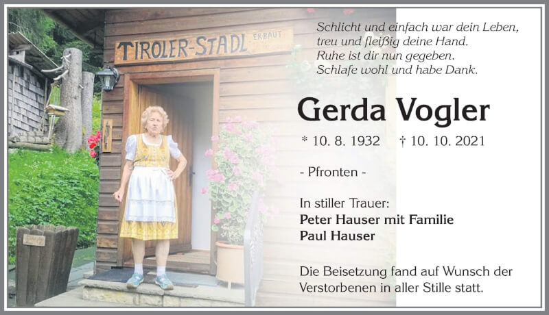  Traueranzeige für Gerda Vogler vom 20.10.2021 aus Allgäuer Zeitung, Füssen