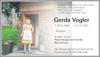 Traueranzeige von Gerda Vogler von Allgäuer Zeitung, Füssen