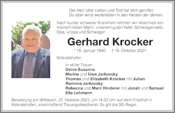 Traueranzeige von Gerhard Krocker von Memminger Zeitung