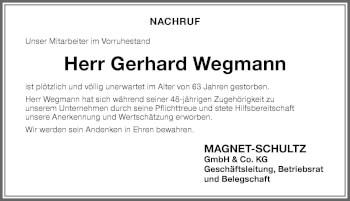 Traueranzeige von Gerhard Wegmann von Memminger Zeitung