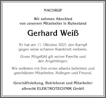 Traueranzeige von Gerhard Weiß von Allgäuer Anzeigeblatt