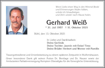 Traueranzeige von Gerhard Weiß von Allgäuer Anzeigeblatt