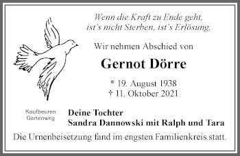 Traueranzeige von Gernot Dörre von Allgäuer Zeitung, Kaufbeuren/Buchloe