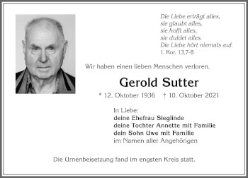 Traueranzeige von Gerold Sutter von Allgäuer Zeitung,Kempten