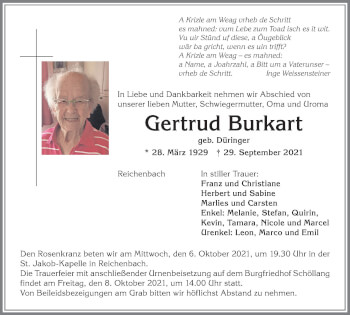 Traueranzeige von Gertrud Burkart von Allgäuer Anzeigeblatt