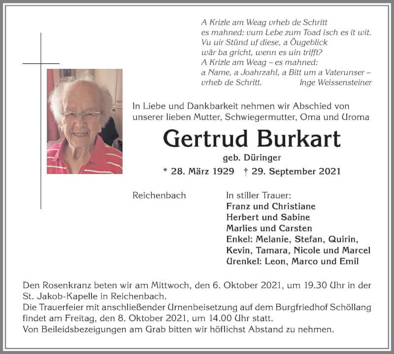  Traueranzeige für Gertrud Burkart vom 05.10.2021 aus Allgäuer Anzeigeblatt