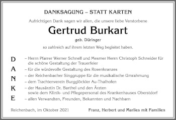 Traueranzeige von Gertrud Burkart von Allgäuer Anzeigeblatt