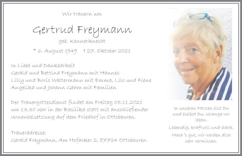  Traueranzeige für Gertrud Freymann vom 30.10.2021 aus Memminger Zeitung