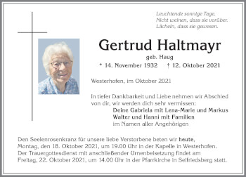 Traueranzeige von Gertrud Haltmayr von Allgäuer Anzeigeblatt