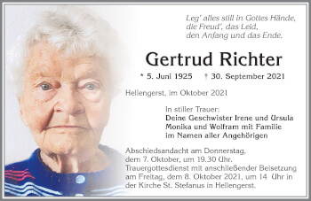 Traueranzeige von Gertrud Richter von Allgäuer Zeitung,Kempten