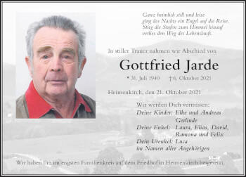 Traueranzeige von Gottfried Jarde von Der Westallgäuer
