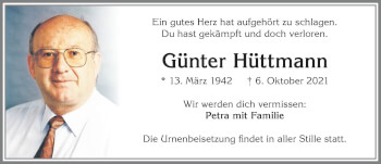 Traueranzeige von Günter Hüttmann von Allgäuer Zeitung, Kaufbeuren/Buchloe