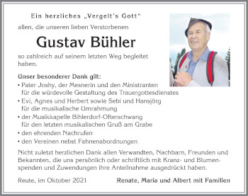 Traueranzeige von Gustav Bühler von Allgäuer Anzeigeblatt