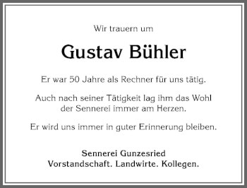 Traueranzeige von Gustav Bühler von Allgäuer Anzeigeblatt