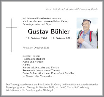 Traueranzeige von Gustav Bühler von Allgäuer Anzeigeblatt
