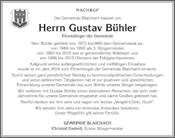 Traueranzeige von Gustav Bühler von Allgäuer Anzeigeblatt