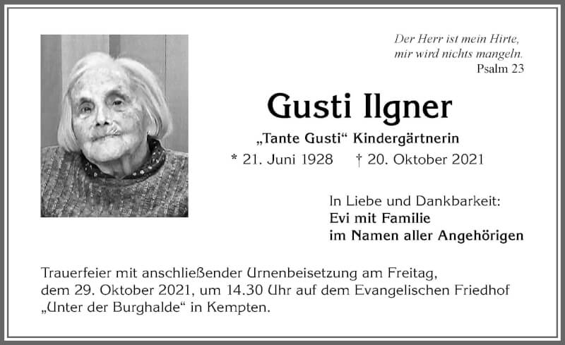  Traueranzeige für Gusti Ilgner vom 23.10.2021 aus Allgäuer Zeitung,Kempten