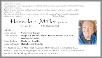 Traueranzeige von Hannelore Müller von Allgäuer Zeitung, Marktoberdorf