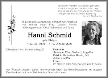 Traueranzeige von HAnni Schmid von Allgäuer Anzeigeblatt