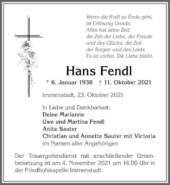 Traueranzeige von Hans Fendl von Allgäuer Anzeigeblatt