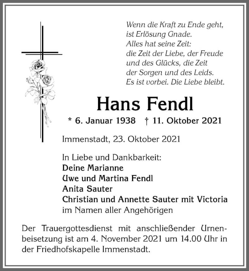  Traueranzeige für Hans Fendl vom 23.10.2021 aus Allgäuer Anzeigeblatt