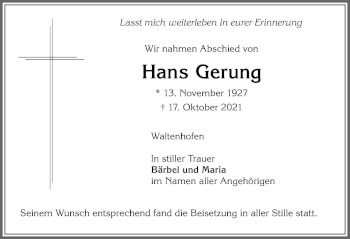 Traueranzeige von Hans Gerung von Allgäuer Zeitung