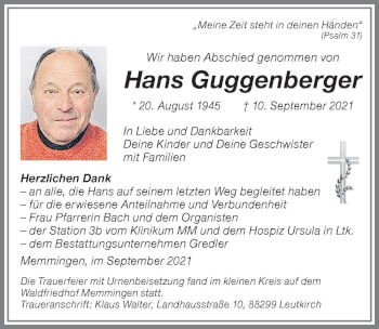 Traueranzeige von Hans Guggenberger von Memminger Zeitung