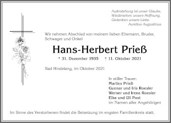 Traueranzeige von Hans-Herbert Prieß von Allgäuer Anzeigeblatt