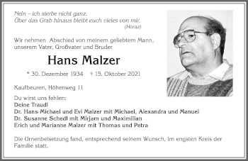 Traueranzeige von Hans Malzer von Allgäuer Zeitung, Kaufbeuren/Buchloe