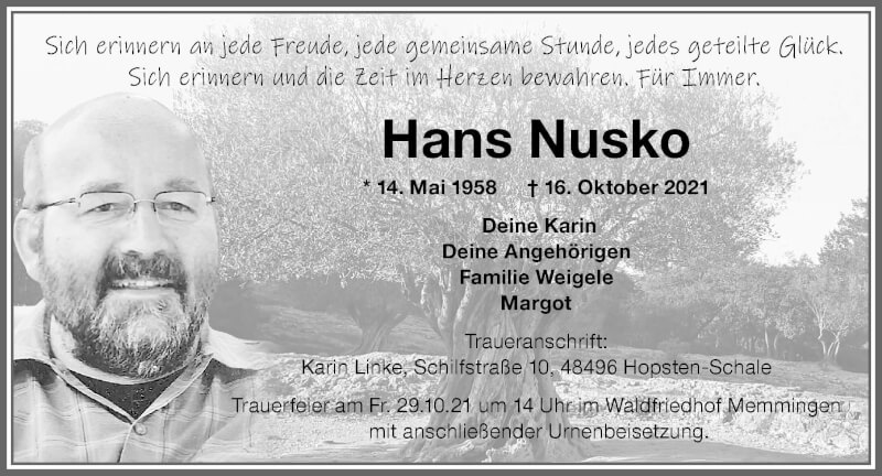  Traueranzeige für Hans Nusko vom 26.10.2021 aus Memminger Zeitung