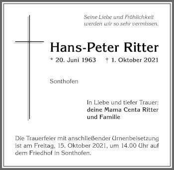 Traueranzeige von Hans-Peter Ritter von Allgäuer Anzeigeblatt
