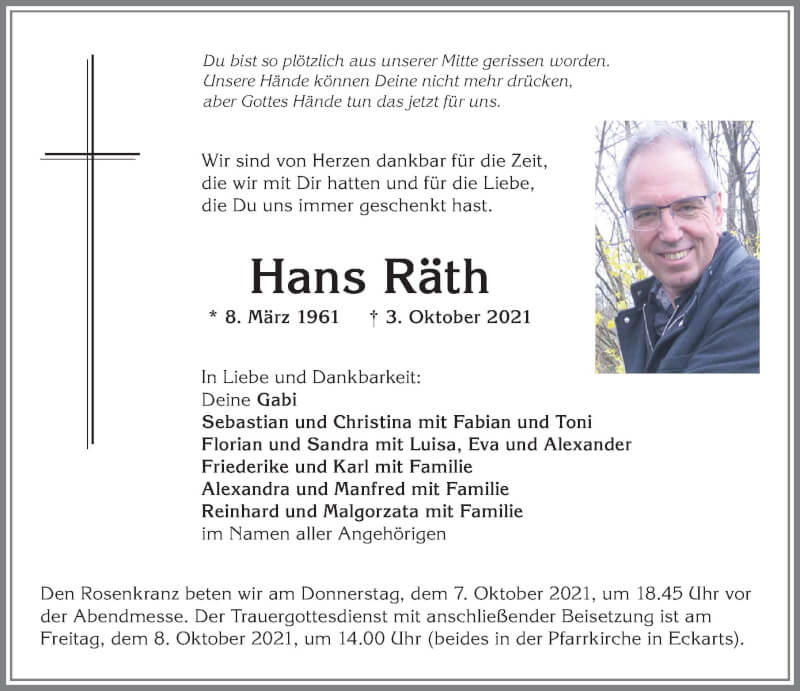  Traueranzeige für Hans Räth vom 06.10.2021 aus Allgäuer Zeitung