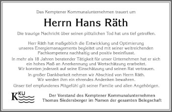 Traueranzeige von Hans Räth von Allgäuer Zeitung,Kempten