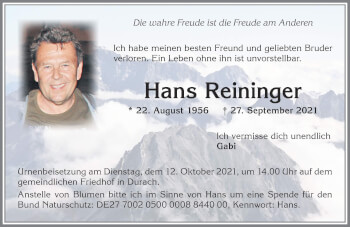 Traueranzeige von Hans Reininger von Allgäuer Zeitung,Kempten