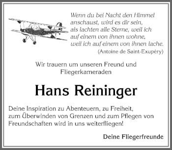 Traueranzeige von Hans Reininger von Allgäuer Zeitung,Kempten