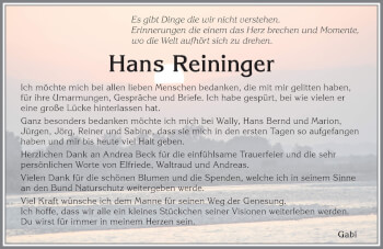 Traueranzeige von Hans Reininger von Allgäuer Zeitung,Kempten