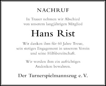 Traueranzeige von Hans Rist von Der Westallgäuer