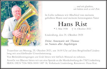 Traueranzeige von Hans Rist von Der Westallgäuer