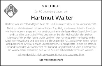 Traueranzeige von Hartmut Walter von Der Westallgäuer