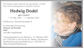 Traueranzeige von Hedwig Dodel von Allgäuer Zeitung, Kaufbeuren/Buchloe