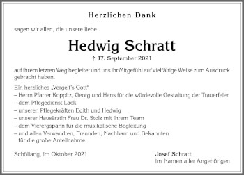 Traueranzeige von Hedwig Schratt von Allgäuer Anzeigeblatt