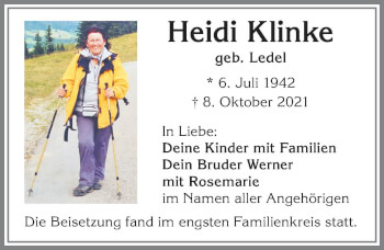Traueranzeige von Heidi Klinke von Allgäuer Zeitung, Kaufbeuren/Buchloe