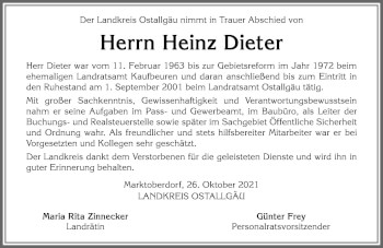 Traueranzeige von Heinz Dieter von Allgäuer Zeitung, Kaufbeuren/Buchloe