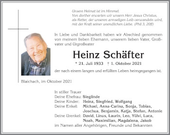 Traueranzeige von Heinz Schäfter von Allgäuer Anzeigeblatt
