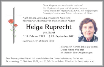 Traueranzeige von Helga Ruprecht von Allgäuer Anzeigeblatt